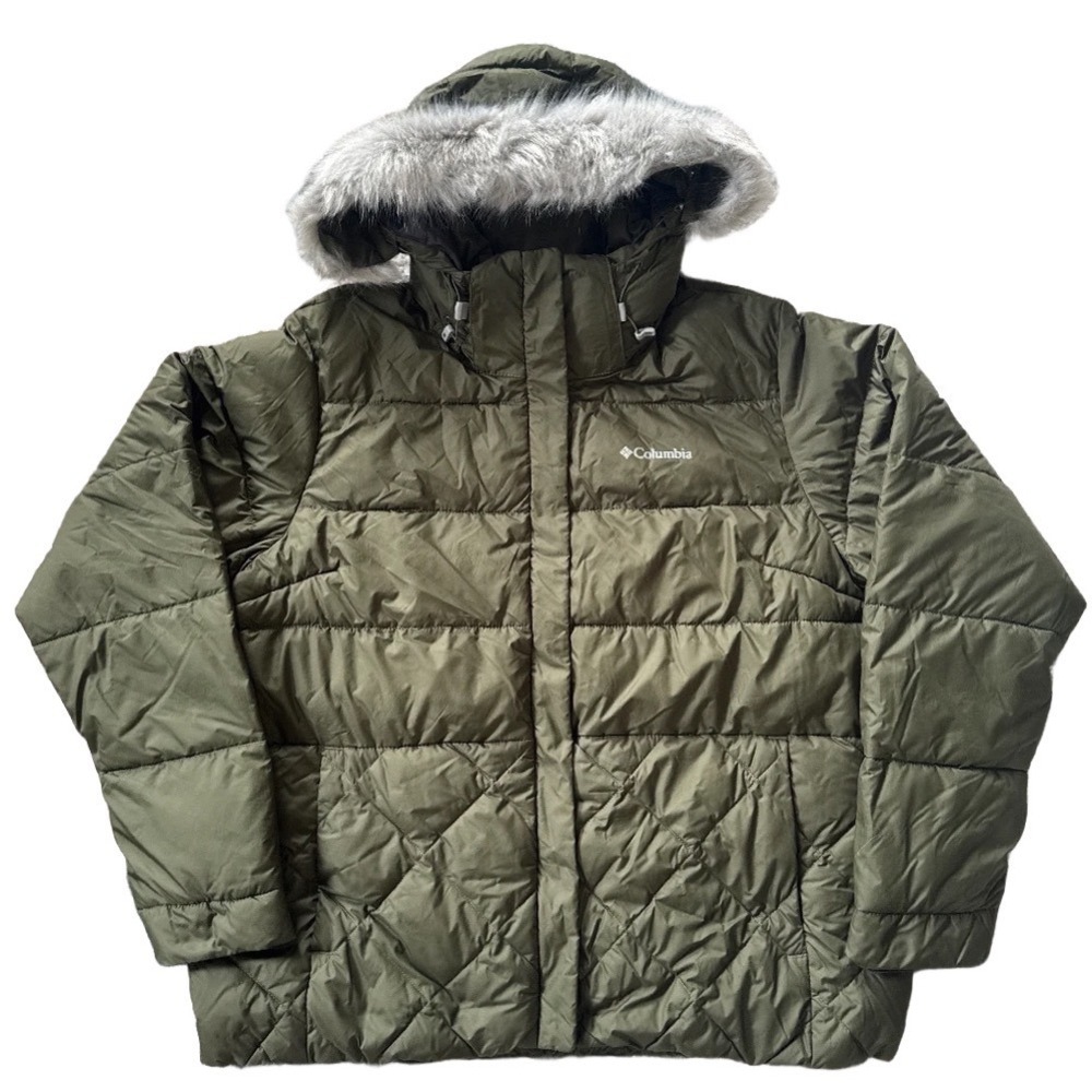 Columbia Sportswear Olive Green Puffer Jacket Faux Fur Removable Hood Womens XL